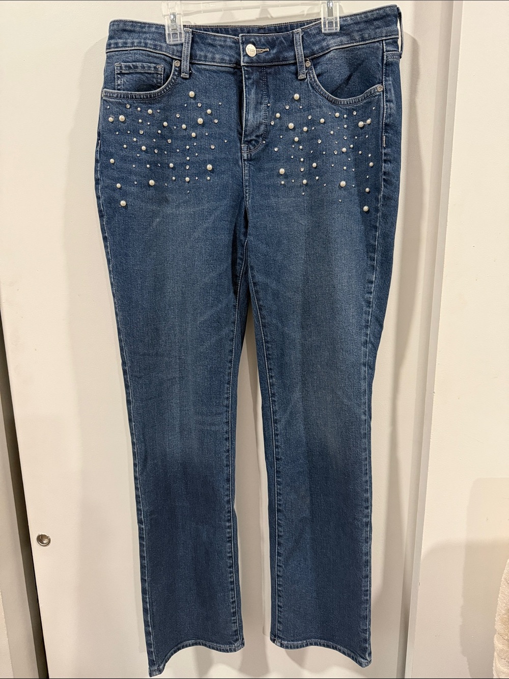 NYDJ Mid Blue Marilyn Straight Leg Jeans with Pearl & Rhinestone Stud Detailing